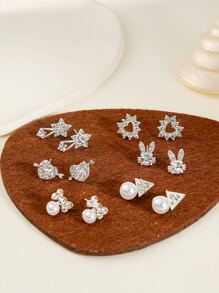 6對鑲有鑽石和仿珍珠裝飾的耳釘 - 銀色 - 查看 2