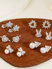 6對鑲有鑽石和仿珍珠裝飾的耳釘 - 銀色 - 查看 3