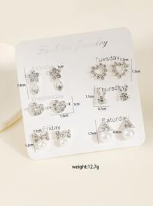 6對鑲有鑽石和仿珍珠裝飾的耳釘 - 銀色 - 查看 4