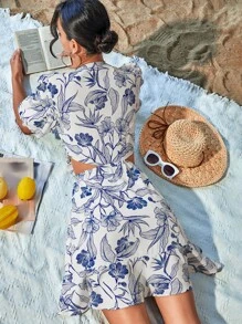 Aveloria Vestido floral de cintura con abertura con nudo delantero bajo con fruncido - Azul y blanco - Ver 2