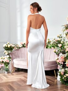 SHEIN Belle Split Thigh Backless Satin Halter Wedding Dress