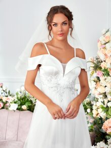 Appliques Contrast Sequin Wedding Dress - White - View 3