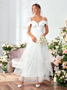 Appliques Contrast Sequin Wedding Dress - White - View 4