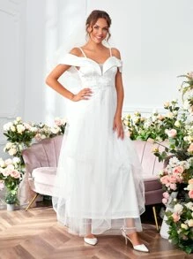 Appliques Contrast Sequin Wedding Dress - White - View 5