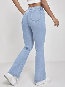 SHEIN PETITE High Waist Flare Leg Jeans - Light Wash - View 2