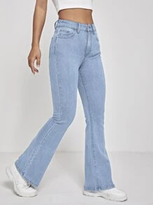 SHEIN PETITE High Waist Flare Leg Jeans - Light Wash - View 3