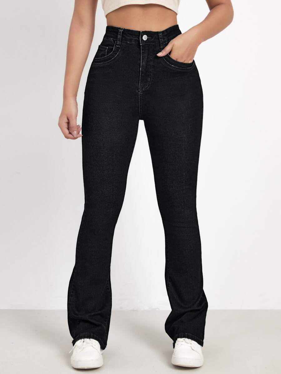 High Waist Bleach Wash Flare Leg Jeans - Black - View 1