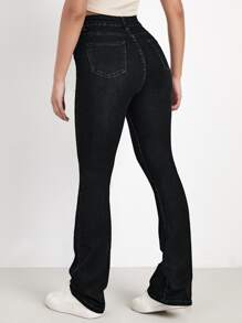 High Waist Bleach Wash Flare Leg Jeans - Black - View 2