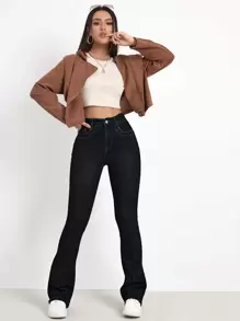 High Waist Bleach Wash Flare Leg Jeans - Black - View 3