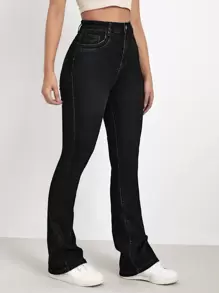 High Waist Bleach Wash Flare Leg Jeans - Black - View 4