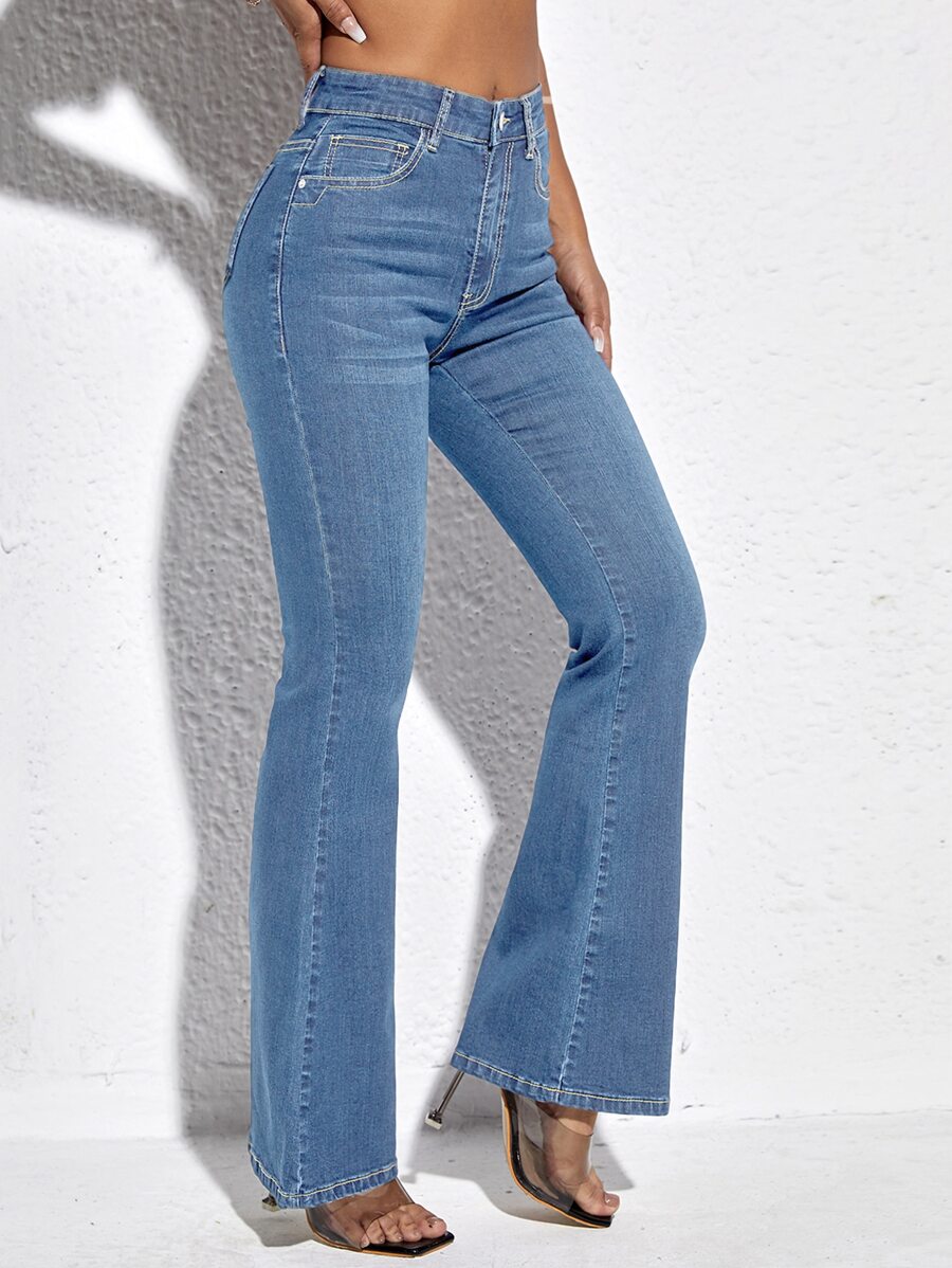 SHEIN PETITE 斜口袋牛仔喇叭褲 - 中等水洗藍 - 查看 1