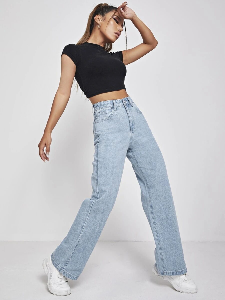 SHEIN PETITE Quần jean nữ Nút Túi Dây kéo màu trơn - Rửa nhẹ - Xem 1