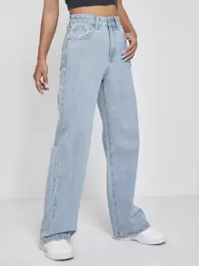 SHEIN PETITE Quần jean nữ Nút Túi Dây kéo màu trơn - Rửa nhẹ - Xem 3