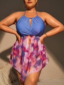 SHEIN Swim Curve 加大码全身印花手帕下摆吊带高腰比基尼夏季海滩 - 彩色 - 查看 1