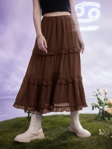 ROMWE Fairycore 荷葉邊半身裙 - 咖啡棕 - 查看 5