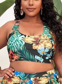 Plus Tropical Print Crisscross Back Bikini Top - Multicolor - View 1