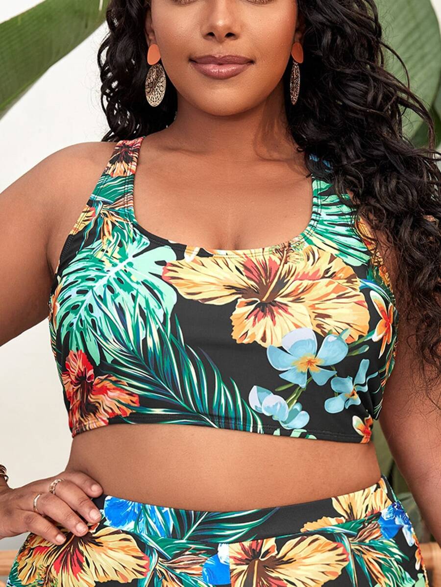 Plus Tropical Print Crisscross Back Bikini Top - Multicolor - View 1