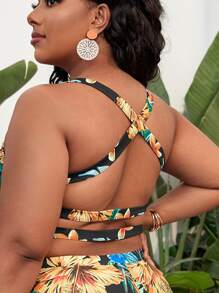 Plus Tropical Print Crisscross Back Bikini Top - Multicolor - View 2