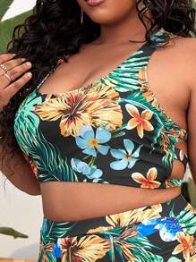 Plus Tropical Print Crisscross Back Bikini Top - Multicolor - View 3