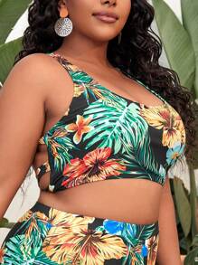 Plus Tropical Print Crisscross Back Bikini Top - Multicolor - View 4