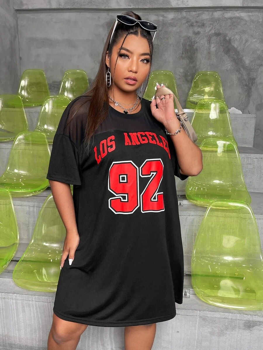 SHEIN Coolane Plus Letter Graphic Contrast Mesh Sheer Dress - Black - View 1