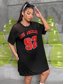 SHEIN Coolane Plus Letter Graphic Contrast Mesh Sheer Dress - Black - View 2