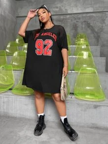 SHEIN Coolane Plus Letter Graphic Contrast Mesh Sheer Dress - Black - View 4