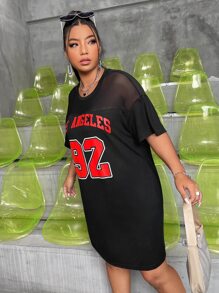 SHEIN Coolane Plus Letter Graphic Contrast Mesh Sheer Dress - Black - View 5