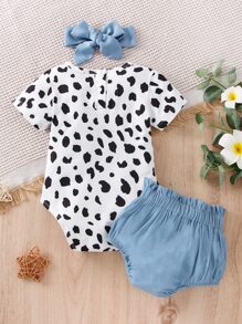 嬰兒斑點印花連身背心和紙袋腰前蝴蝶結短褲和髮箍