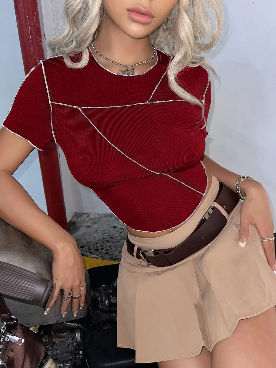 SHEIN ICON Top-stitching Curved Hem Crop Tee - Burgundy - View 1