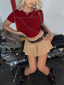 SHEIN ICON Top-stitching Curved Hem Crop Tee - Burgundy - View 5