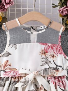 SHEIN Tween Girl Floral Print Mesh Panel Belted Dress - Multicolor - View 4