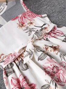 SHEIN Tween Girl Floral Print Mesh Panel Belted Dress - Multicolor - View 6