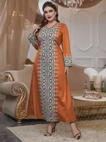 Seusyu Plus Geo Print Maxi Tee Dress - Orange - View 3