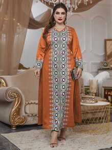 Seusyu Plus Geo Print Maxi Tee Dress - Orange - View 5