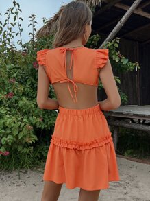 Breezaya 褶邊後背繫帶洋裝 - 橘色 - 查看 2