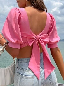 SHEIN VCAY Bow Back Puff Sleeve Top - Pink - View 1