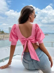 SHEIN VCAY Bow Back Puff Sleeve Top - Pink - View 2