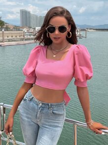 SHEIN VCAY Bow Back Puff Sleeve Top - Pink - View 5