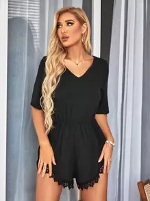 Breezaya 蕾絲拼接後綁帶連身短褲 - 黑色 - 查看 4