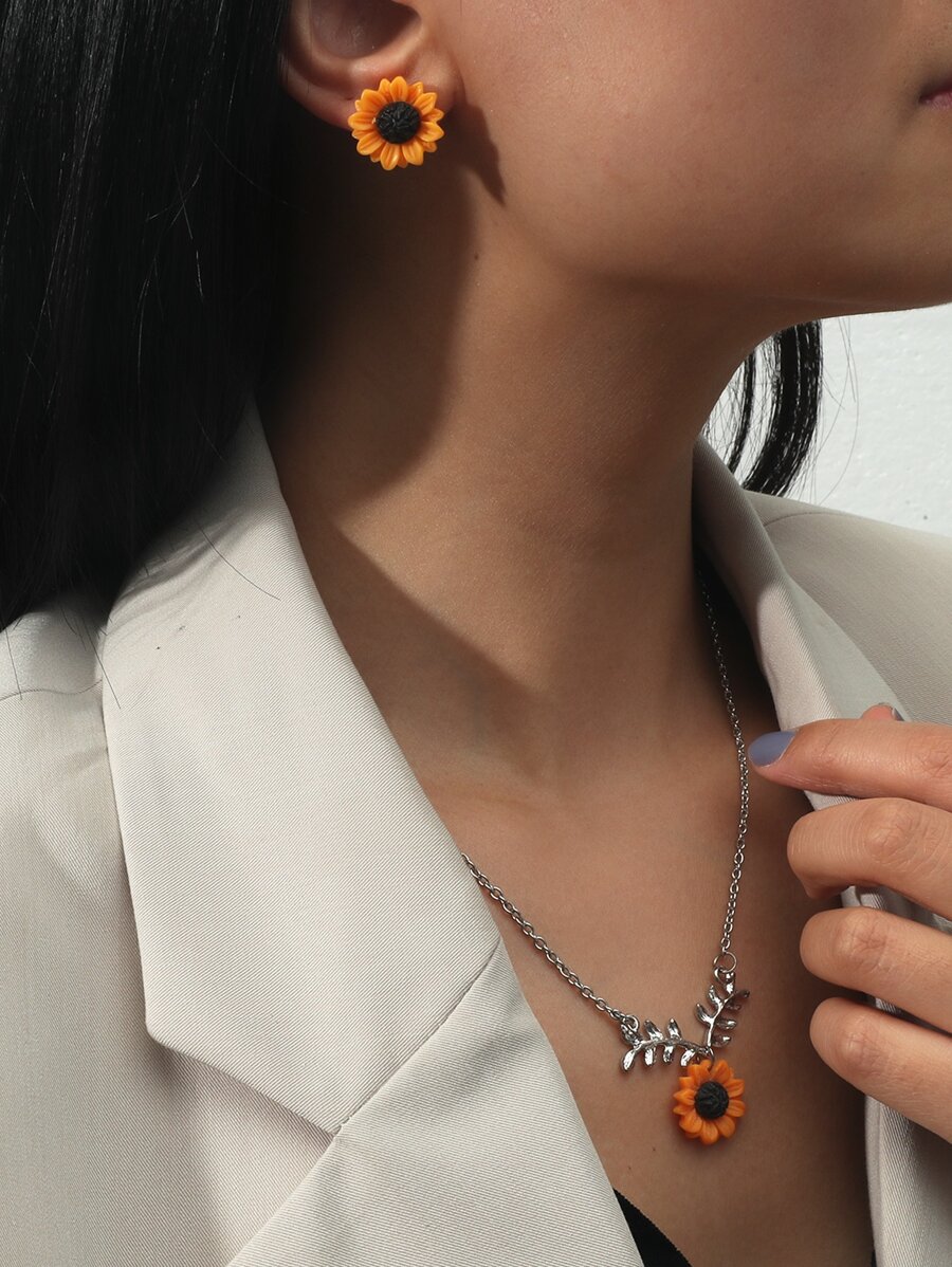 向日葵吊墜項鏈和耳釘