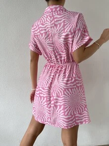 SHEIN Unity 滿版印花蝙蝠袖前繫帶襯衫連衣裙 - 粉色 - 查看 2
