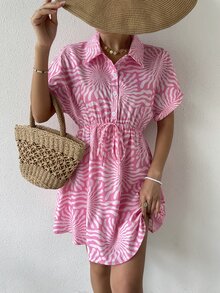 SHEIN Unity 滿版印花蝙蝠袖前繫帶襯衫連衣裙 - 粉色 - 查看 4