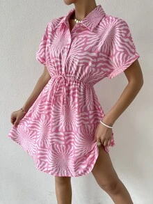SHEIN Unity 滿版印花蝙蝠袖前繫帶襯衫連衣裙 - 粉色 - 查看 5