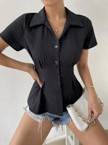 Áo sơ mi nữ Nút phía trước màu trơn Giải trí - màu đen - Xem 1