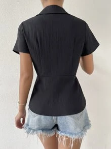 Áo sơ mi nữ Nút phía trước màu trơn Giải trí - màu đen - Xem 2