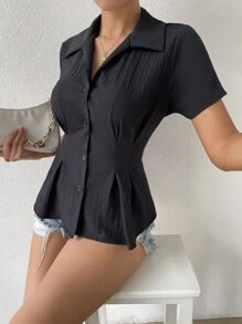 Áo sơ mi nữ Nút phía trước màu trơn Giải trí - màu đen - Xem 3