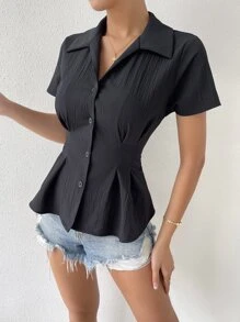 Áo sơ mi nữ Nút phía trước màu trơn Giải trí - màu đen - Xem 4