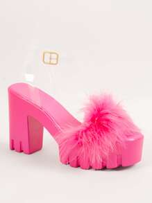 Curve Toe Vinyl Ankle Strap Heeled Sandals - Hot Pink - View 2