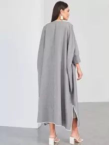 Al Najma 标语图案口袋贴片开衩下摆端庄长袖阿拉伯长袍 - 淺灰色 - 查看 3